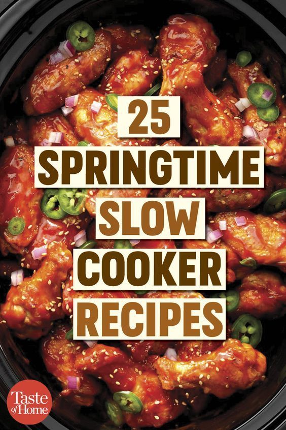 the cover of 25 springtime slow cooker recipes, including chicken wings and peppers