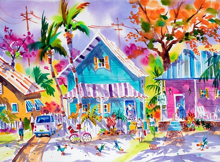 watercolor painting of colorful houses and trees