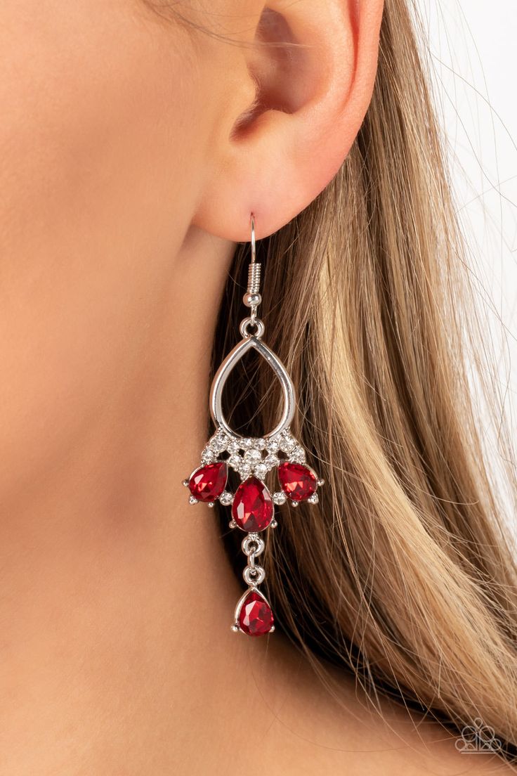 Coming in Clutch - Red and Silver Earrings - Paparazzi Accessories - A solitaire red teardrop rhinestone sways from the bottom of a fan of red rhinestone teardrops that flares out from a white rhinestone floral accent at the bottom of an airy silver frame, resulting in a modern chandelier. Earring attaches to a standard fishhook fitting. Sold as one pair of earrings. Red Rhinestone Earrings, Paparazzi Jewelry Images, Chandelier Earring, Formal Earrings, Brown Bracelet, Mixed Metal Jewelry, Fish Hook Earrings, Paparazzi Accessories, Red Earrings