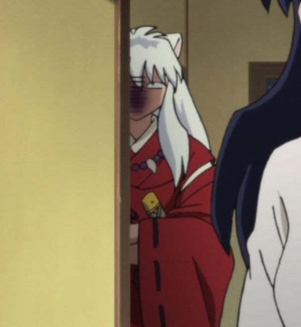 two anime characters are looking at each other in the same room, one is wearing a red and white outfit