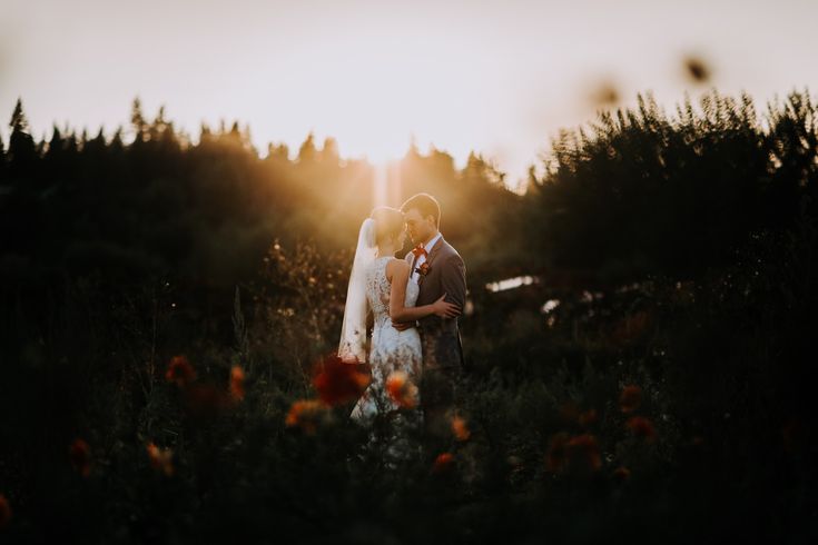 a bride and groom are standing in the grass with the sun shining through the trees behind them