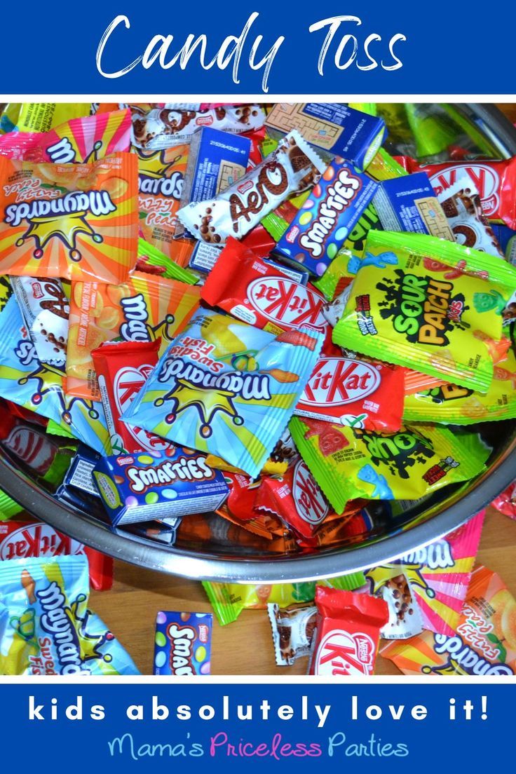 a bowl full of candy with the words candy toss in front of it and an image of