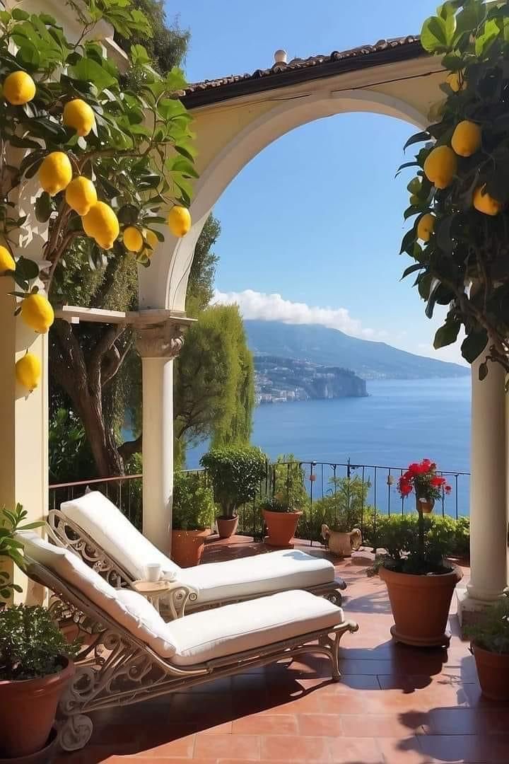 an outdoor patio with two chaise lounges and potted plants overlooking the ocean