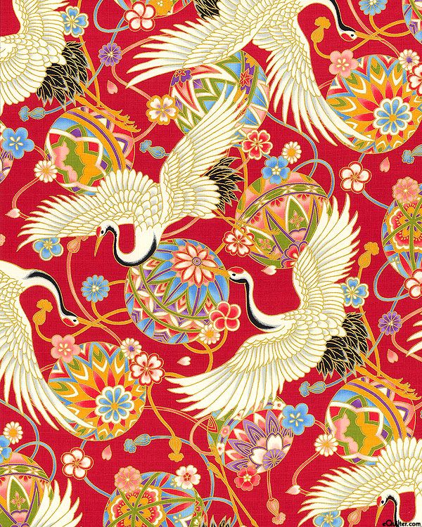 a red background with white birds and flowers