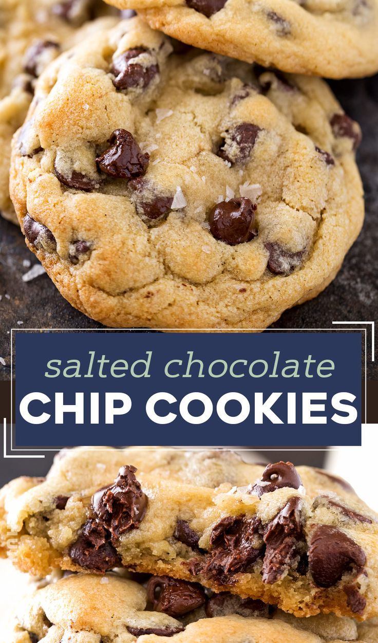 chocolate chip cookies stacked on top of each other with the words salted chocolate chip cookies above them