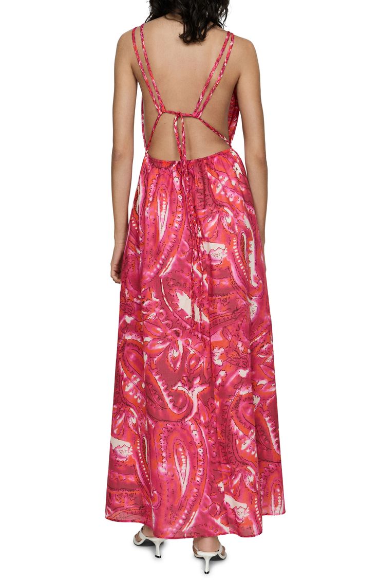 Soak up the sunset in this flowy midi dress made of lightweight cotton and held up by braided straps for a boho vibe. Ties at back; back elastic waist V-neck Cotton lining 100% cotton Machine wash, line dry Made in Turkey Pink Beachwear Dress With Adjustable Straps, Pink Maxi Dress With Adjustable Straps For Beach, Pink Maxi Dress With Adjustable Straps For Vacation, Pink Halter Neck Vacation Dress, Pink Halter Neck Dress For Vacation, Vacation Pink Halter Neck Dress, Pink Beach Dress With Adjustable Straps, Bohemian Beach Dress With Elastic Back, Red Smocked Back Maxi Dress For Summer