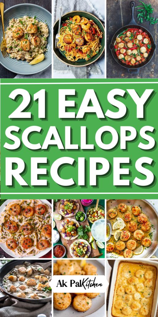 the cover of 21 easy scallops recipes, with pictures of different dishes in it