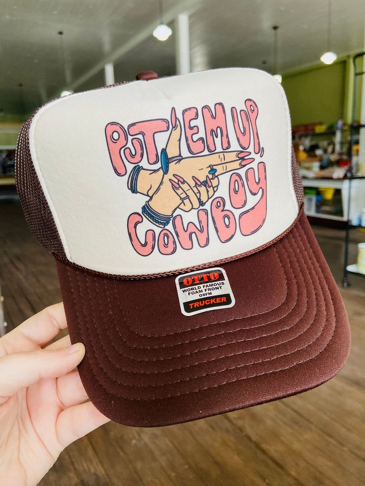 Put Em Up Cowboy Trucker Hat *Brown/Cream - Deer Creek Mercantile Western Trucker Hats, Anniversary Food, Loveless Cafe, Ranch Hand, Hat Design, Stylish Hats, Sticker Collection, Western Outfits, Wild West