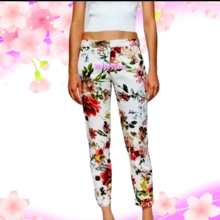 Zara Floral Print Chino Pants Trousers White Floral Print Loungewear Bottoms, White Floral Print Pants, White Floral Print Ankle-length Bottoms, White Floral Print Ankle-length Pants, White Floral Print Straight Pants, White Floral Print Trousers, White Pants With Elastic Waistband For Spring, White Floral Print Lounge Pants, White Floral Print Summer Pants