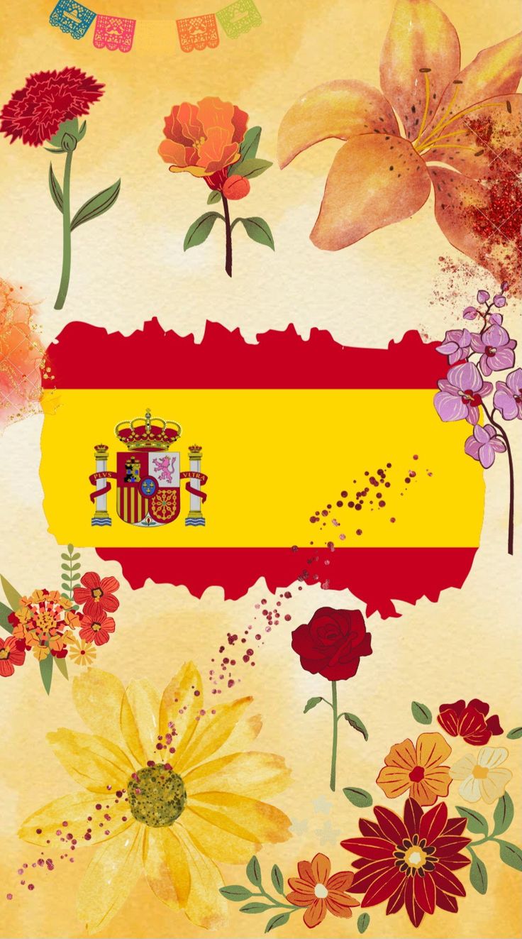 the flag of spain with flowers and butterflies on it's side, in front of a yellow background