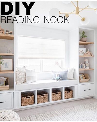 a white room with bookshelves and baskets on the shelves, along with text that reads diy reading nook