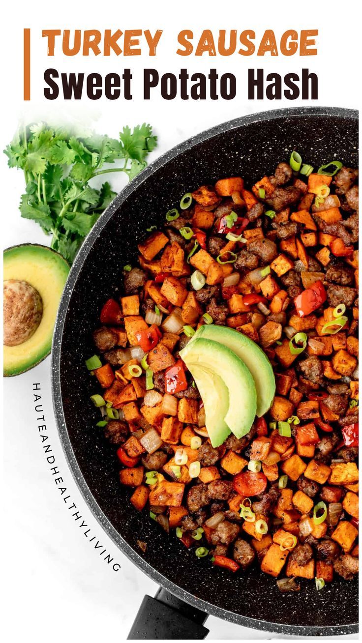 a skillet filled with sweet potato hash browns and avocado