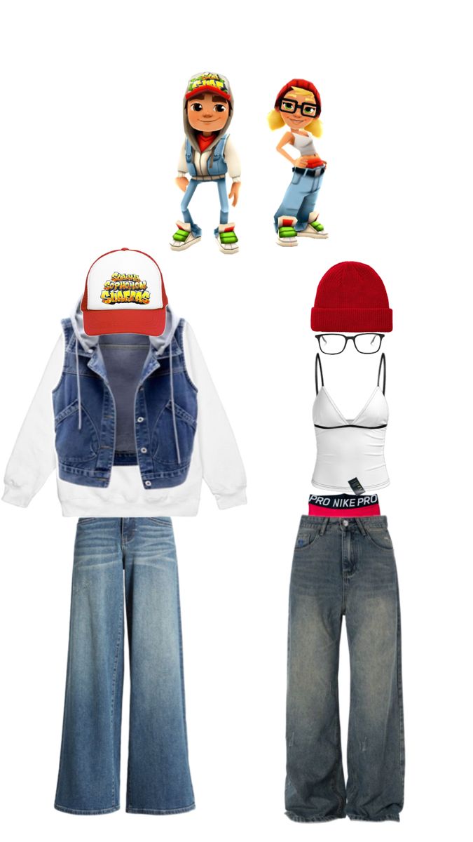 three different outfits are shown with hats and glasses on the top one is blue jeans