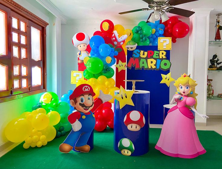 mario and princess peach balloon decorations in a room with balloons on the floor, nintendo characters standing next to each other