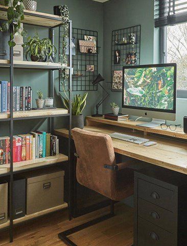 Green Smoke No. 47  |  from Farrow & Ball Farrow & Ball Cozy Home Office, Spare Bedroom, Home Office Setup, Home Office Space, A Desk, Home Office Design, Design Case, New Room, 인테리어 디자인