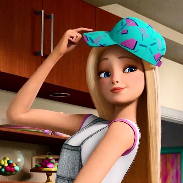 a cartoon girl with long blonde hair standing in a kitchen