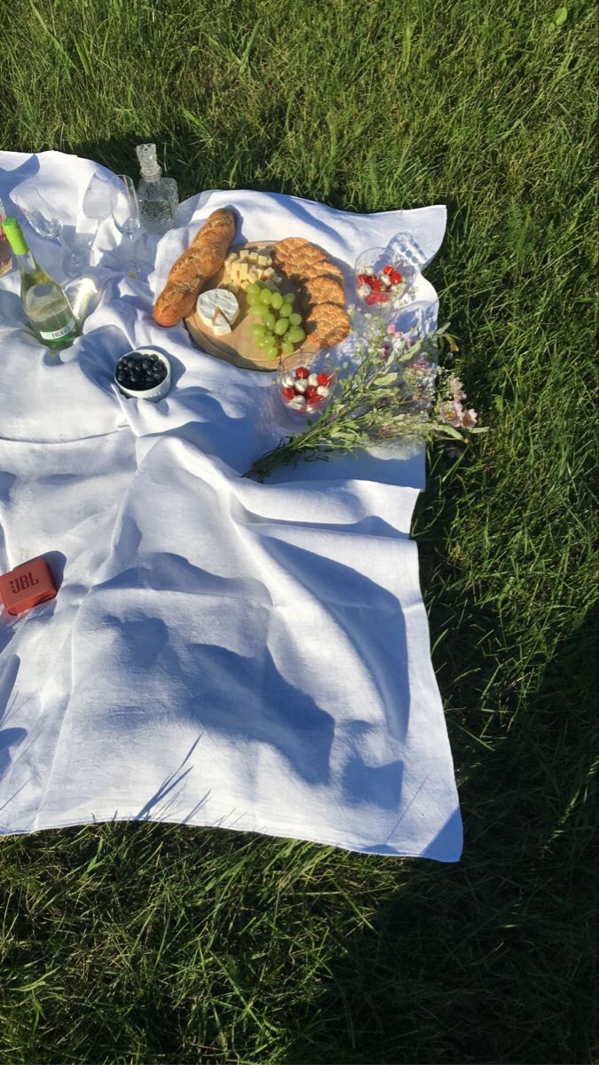 a picnic blanket on the grass with food and drinks laid out in front of it