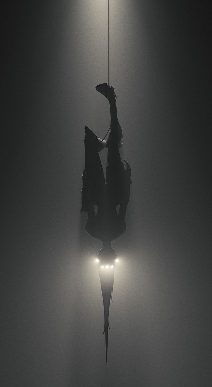 a black and white photo of a person hanging upside down on a pole in the dark