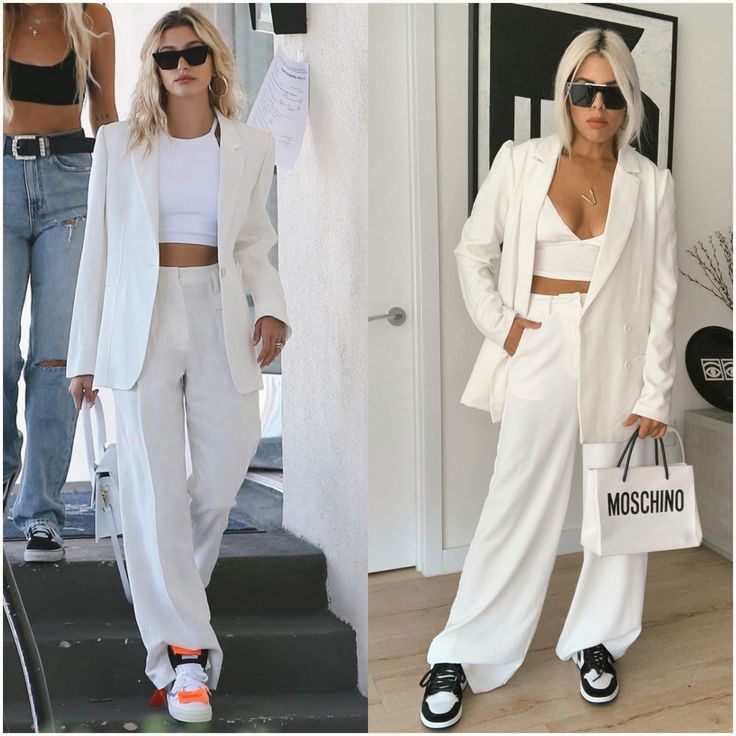 White Blazer Airport Outfit, White Pantsuit Outfit, White Blazer With Sneakers Outfit, Pantsuit With Sneakers, Oversized Blazer Outfit White, White Blazer Outfit Street Style, Off White Oversized Blazer Outfit, White Jordan 1 Women Outfit, All White Outfit Street Style