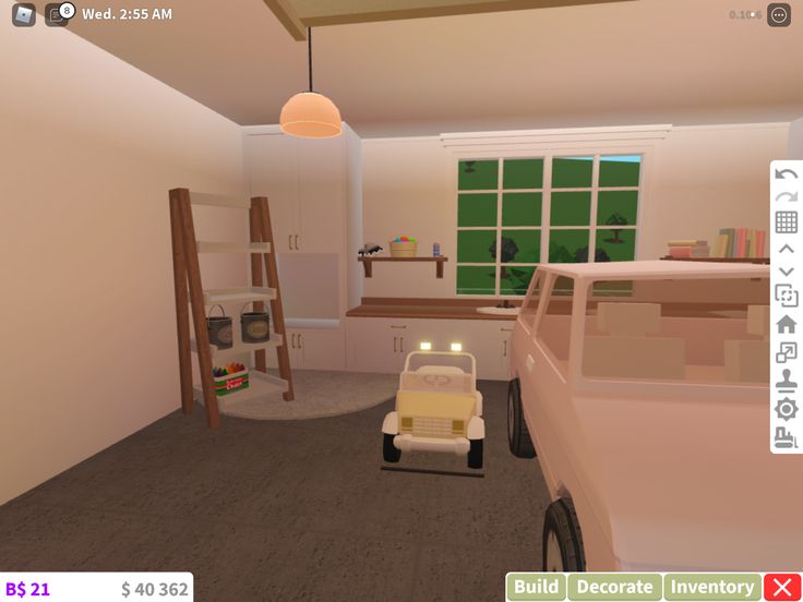 a virtual view of a bedroom with a bed, desk and toy truck in the foreground