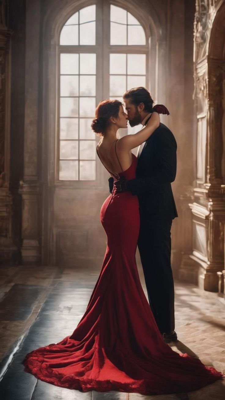 a man in a tuxedo standing next to a woman in a red dress