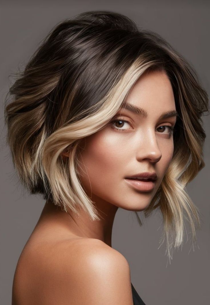 Short Hair And Color Ideas, Short Pixie Haircuts With Highlights, Hair Styles Bob Cut, Short Hairstyle Women Balayage, Icy Blonde Highlights On Dark Hair Short, Short Hair Foils, Short Brown Hair Blonde Highlights, Brunette Hair With Highlights Short, Dark Short Hair Color Ideas