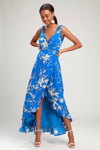 Cute Floral Dresses and Printed Party Attire | Latest Styles of Women's Floral-Print Dresses at Great Prices Long Wrap Dress, Dresses Lulus, Womens Wrap Dress, Ruffle Trim Dress, Blue Dress Formal, Wrap Maxi Dress, Blue Cocktail Dress, Sun Salutation, Floral Print Midi Dress