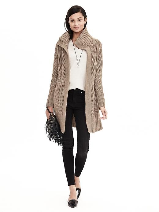 Mixed-Stitch Sweater Coat | Banana Republic Long Sweater Coat For Fall Workwear, Chic Fall Cardigan With Lapel Collar, Chic Knit Sweater Coat With Pockets, Knit Sweater Coat With Pockets For Work, Cable Knit Long Outerwear For Cold Weather, Long Cable Knit Outerwear For Cold Weather, Chic Collared Winter Cardigan, Chic Collared Cardigan For Winter, Lapel Collar Sweater For Winter Workwear