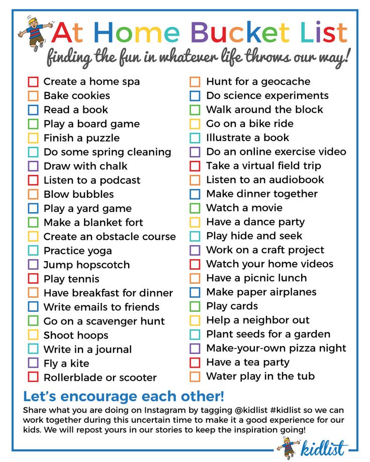 a printable at home bucket list for families to do in the house and on vacation