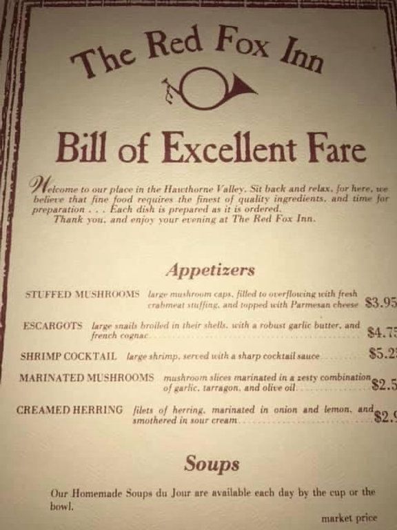 the red fox inn bill of excellent fare menu, with prices for $ 5 50