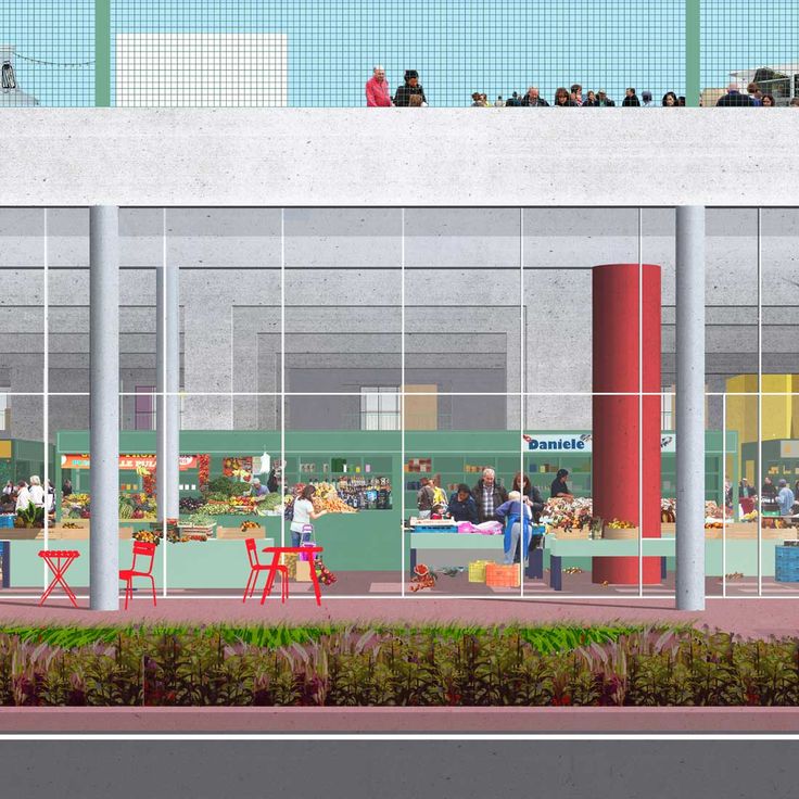 an artist's rendering of the outside of a building with people walking around it