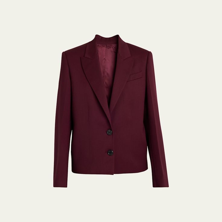 ARMARIUM "Raylee" blazer jacket in a virgin wool finish  Peak lapel collar  Button closure  Front welt pocket  Long sleeves; button cuffs  Mid-length  Relaxed fit  Virgin wool Made in Italy Peak Lapel, Wool Blazer, Lapel Collar, Welt Pocket, Mid Length, Blazer Jacket, Tops Designs, In Italy, Long Sleeves