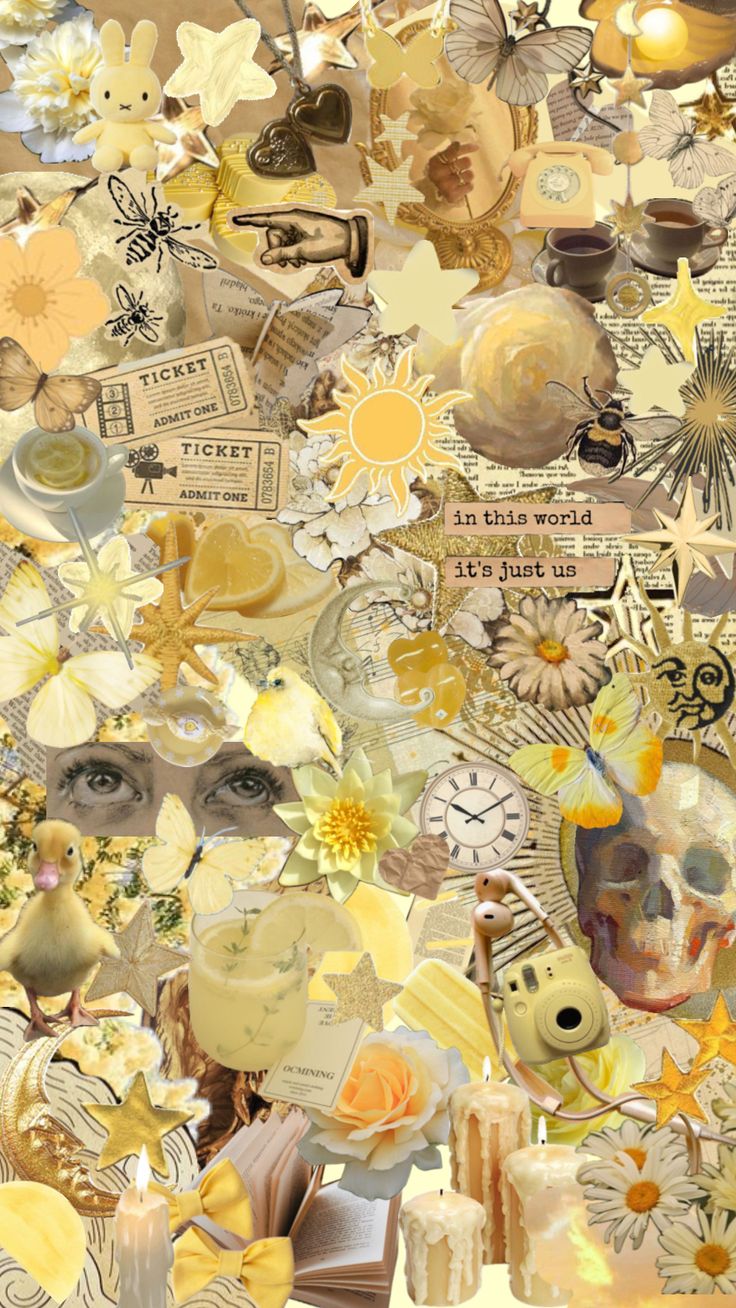 a collage of many different types of objects and words in yellow, brown, white and black