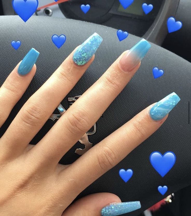 Cute Sky Blue Nail Ideas, Sky Blue Nails, Bday Nails, Glitter Tip Nails, Blue Glitter Nails, Girl Nails, Blue Acrylic Nails, Inspired Nails, Long Acrylic Nails Coffin