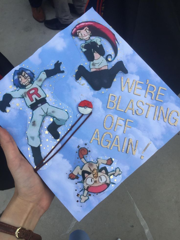 someone is holding up a graduation cap that says, we're blasting off again