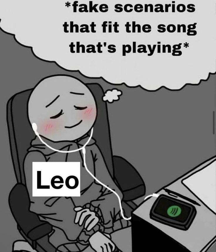 a cartoon character sitting at a desk with headphones in front of him and the caption that reads, fake scarios that fit the song that's playing leo