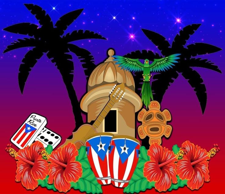 an image of a colorful background with palm trees and symbols for the united states in red, white, and blue colors