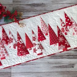 red and white quilted christmas tree table runner