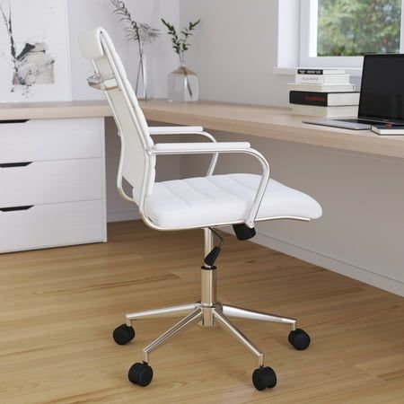 a white office chair sitting on top of a hard wood floor next to a desk