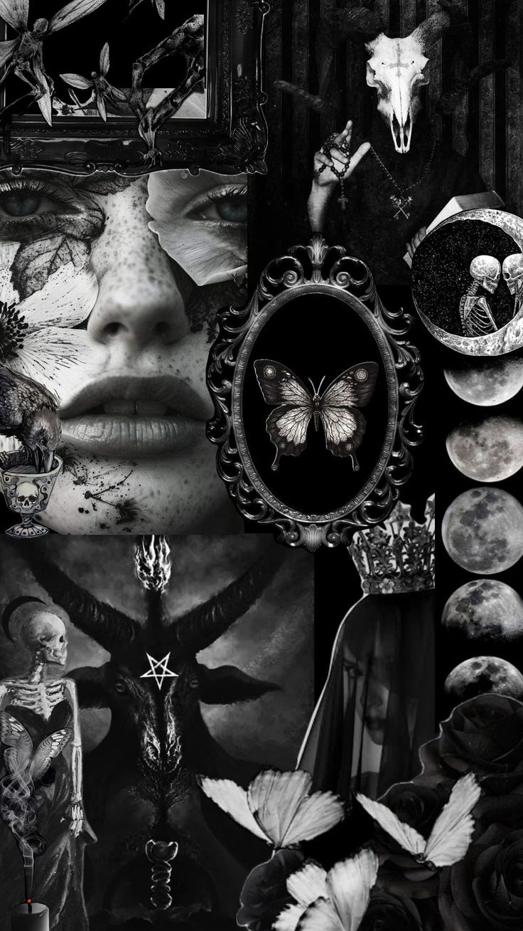 black and white collage with butterflies, skulls, roses, skull head, woman's face