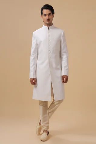 Shop for Raghavendra Rathore Blue Off White Tr Mandarin Collar Achkan for Men Online at Aza Fashions White Classic Kurta For Formal Occasions, White Kurta For Semi-formal Festive Occasions, White Semi-formal Kurta For Festive Occasions, White Traditional Semi-formal Wear, White Stand Collar Bandhgala For Wedding, White Semi-formal Traditional Wear For Festive Occasions, White Nehru Jacket With Stand Collar For Formal Occasions, White Bandhgala With Stand Collar For Wedding, White Semi-formal Festive Kurta