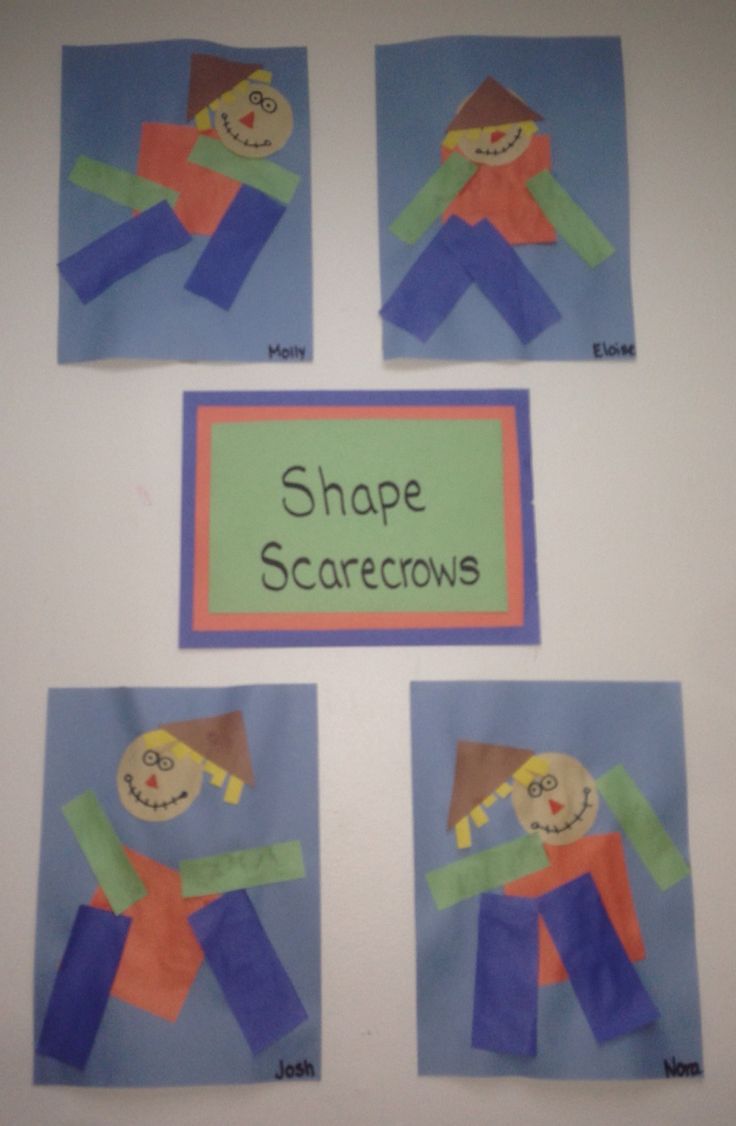 four pictures of scarecrows made out of paper on a white surface with the words shape scarecrows