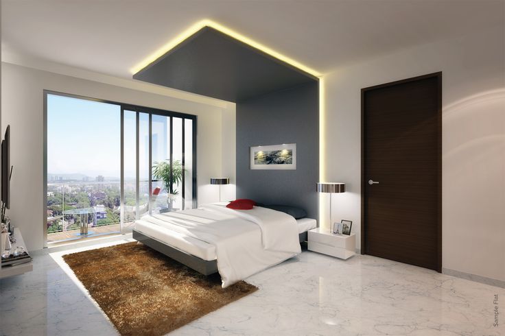 a modern bedroom with large windows and marble flooring, along with an area rug on the floor