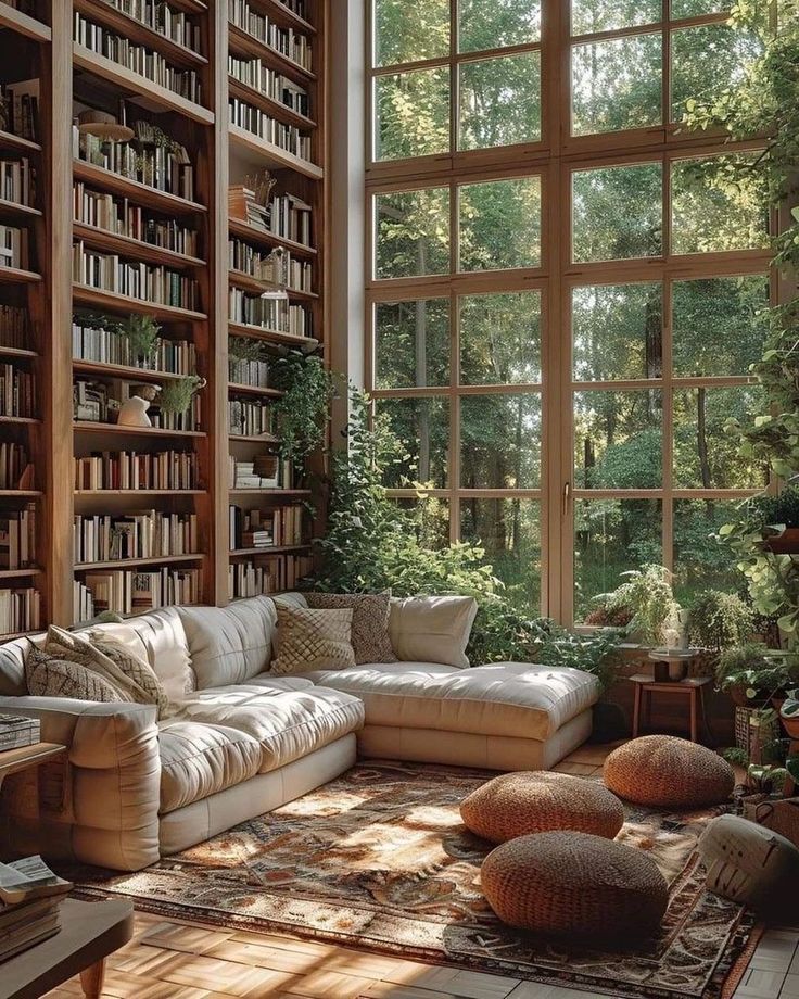 a living room with lots of bookshelves and couches in front of large windows