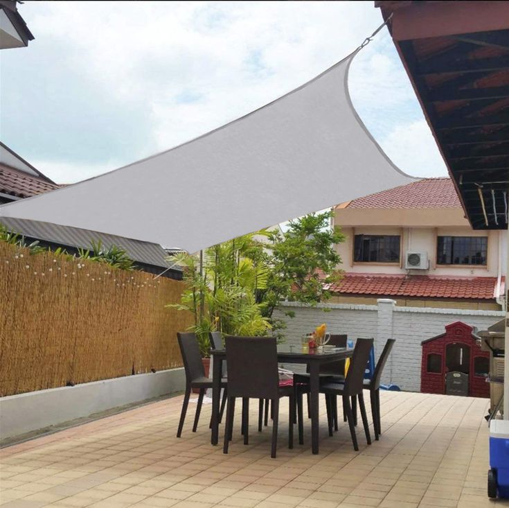 an outdoor dining area with table and chairs under a large white awning over the patio