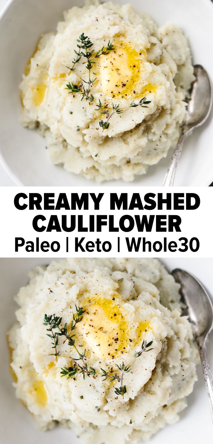 mashed cauliflower in a white bowl with text overlay that reads keto mashed cauliflower