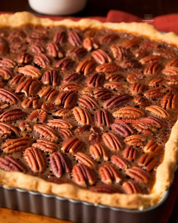 a pie with pecans in it sitting on a table