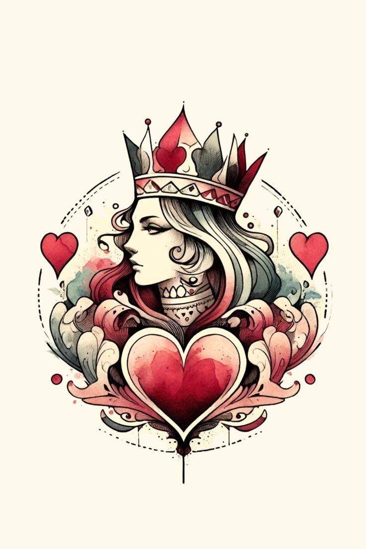 a drawing of a woman with a crown on her head and hearts around her neck