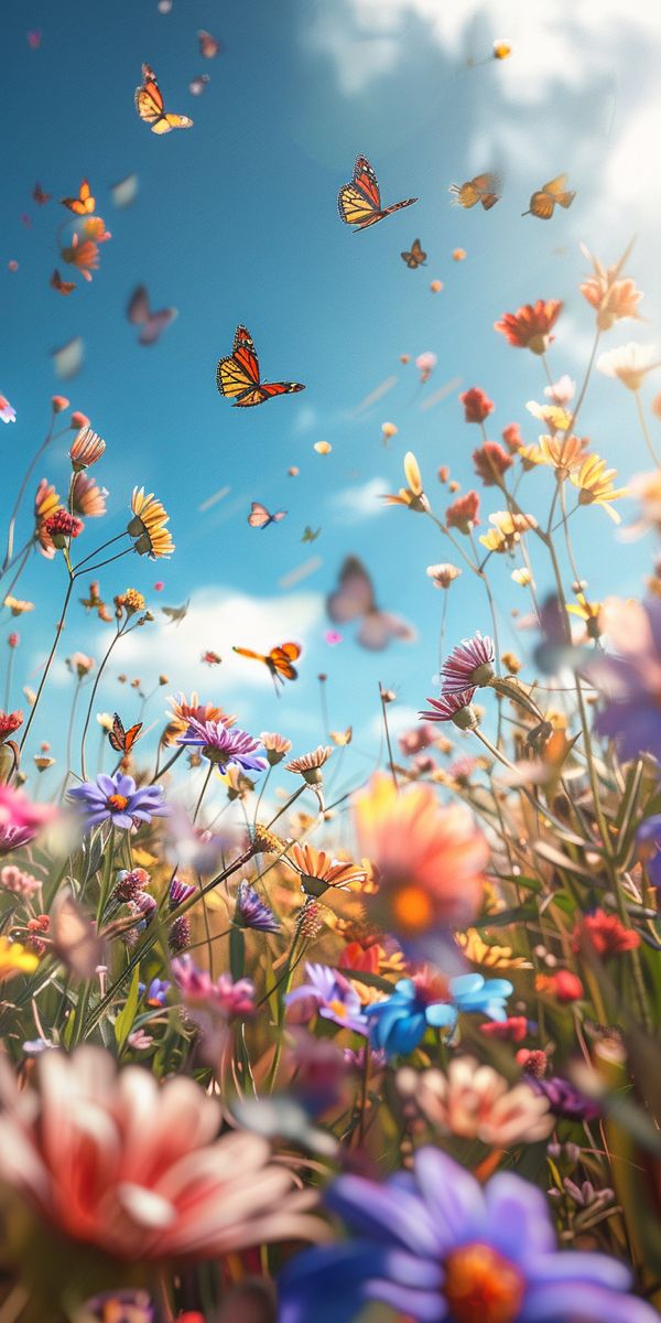 colorful flowers and butterflies flying in the sky