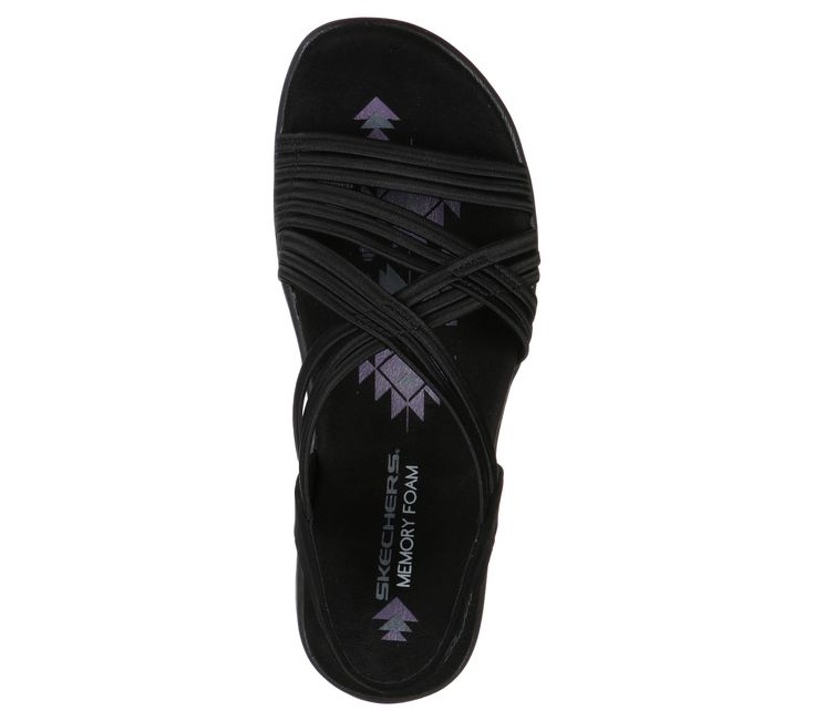 Stretch out and enjoy sunny days in comfort with Skechers Reggae Slim - Simply Stretch. This sporty casual strappy slingback slide style features a stretch fabric and synthetic upper, plus Memory Foam cushioned footbed. | Skechers Women's Reggae Slim - Simply Stretch Sandals | Medium Width | Skechers contoured Memory Foam comfort footbed | Supportive shock-absorbing Reggae Slim midsole | Soft stretch fabric and synthetic upper | Sporty casual strappy slingback slide sandal design | Flexible rubb Black Nylon Sandals, Casual Black Strappy Sport Sandals, Strappy Sport Sandals With Cushioned Footbed, Casual Synthetic Strappy Sport Sandals, Strappy Synthetic Sport Sandals For Beach, Sporty Synthetic Sandals With Adjustable Straps, Sporty Sandals With Adjustable Straps, Strappy Sport Sandals With Arch Support For Summer, Synthetic Sport Sandals With Adjustable Straps For Vacation